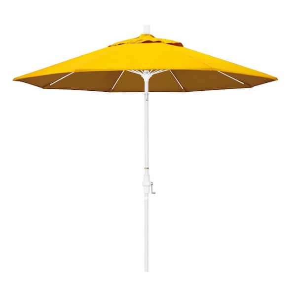 California Umbrella 9 ft. Matted White Aluminum Market Patio Umbrella with Collar Tilt Crank Lift in Sunflower Yellow Sunbrella
