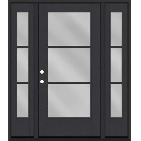 Steves & Sons Legacy 64 in. x 80 in. Icon 3-Lite Modern Clear Glass RHIS Black Mahogany Fiberglass Prehung Front Door w/ Dbl 12 in. SL