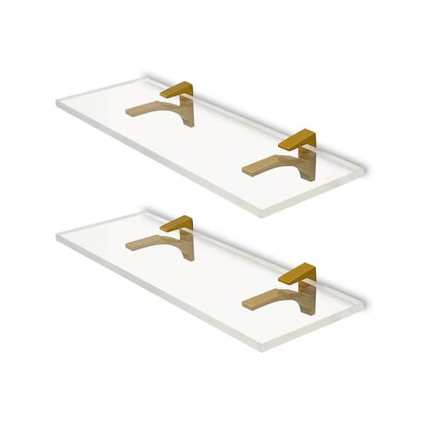 Fab Glass and Mirror 6 in. W x 0.75 in. H x 14.5 in. D Floating Wall Mount Clear Acrylic Rectangular Shelf in Brass Brackets Pack of 2