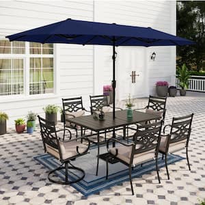 8-Piece Metal Outdoor Dining Set with Beige Cushions and Navy Blue Umbrella
