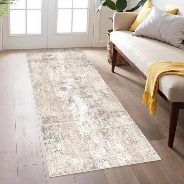 Van Gogh Beige/Grey 2 ft. x 6 ft. Modern Abstract Area Rug