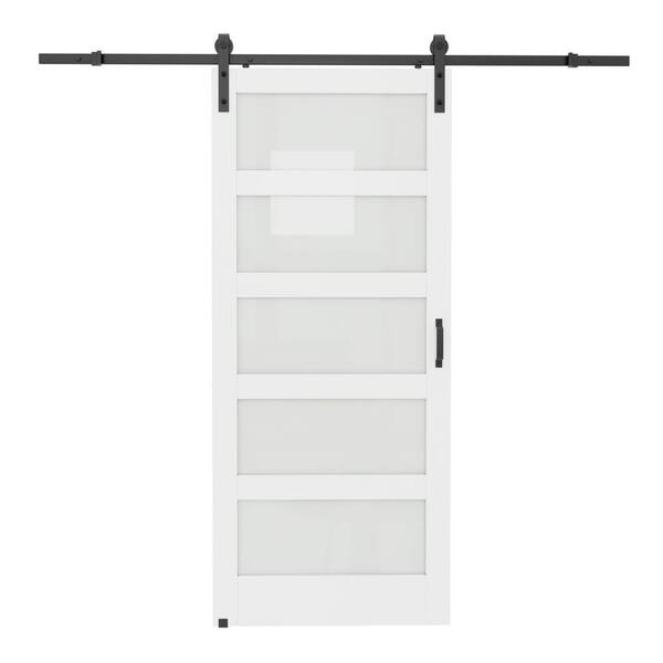 ARK DESIGN 36 in. x 84 in. 5 Equal Lites with Frosted Glass White MDF Interior Sliding Barn Door with Hardware Kit