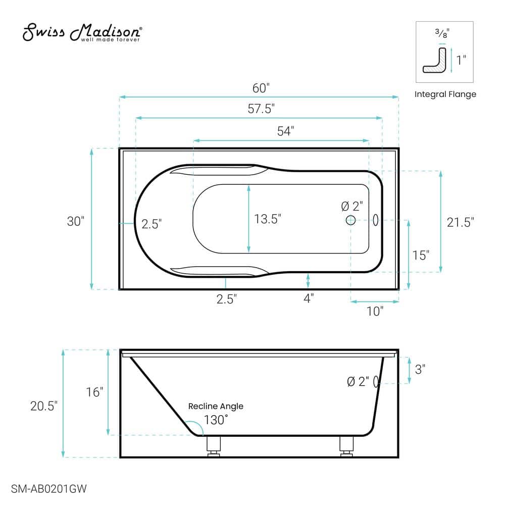 Concorde 60" x 30" White Acrylic Alcove Bathtub with Apron and Armrest