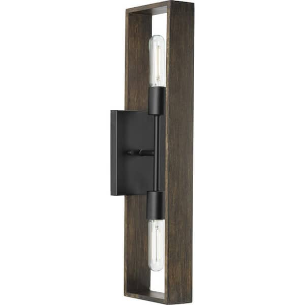 Progress Lighting Boundary 24 in. 2-Light Matte Black Contemporary Wall Bracket w/ Roasted Chicory Accents for Dining Rooms and Great Room