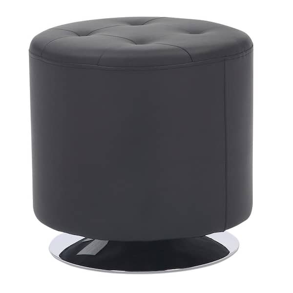 Lumisource Mason Round 17 in. Black Faux Leather and Chrome Swivel Ottoman