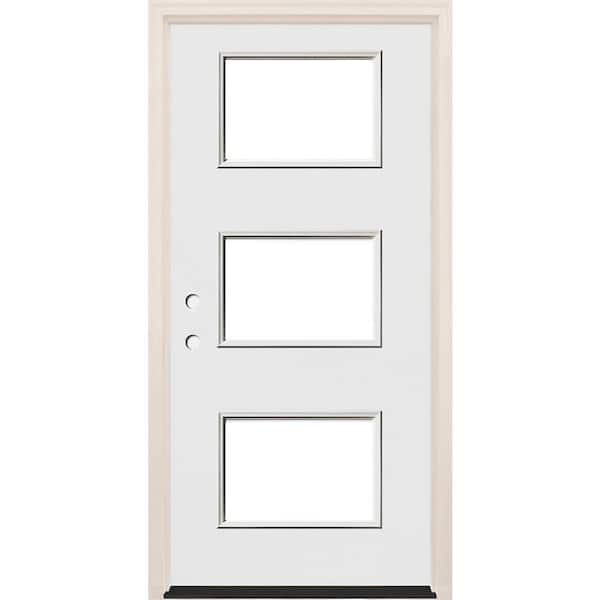 Builders Choice 36 in. x 80 in. Left-Hand/Inswing 3 Lite Clear Glass Unfinished Fiberglass Prehung Front Door with 4-9/16 in. Frame