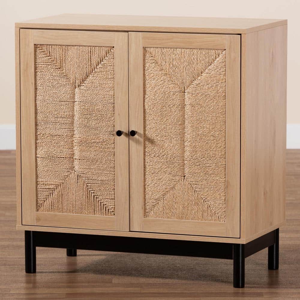 Light Brown and Black Woven Rope Accent Cabinet
