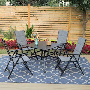 Black 5-Piece Metal Slat Square Table Patio Outdoor Dining Set with Gery Folding Reclining Padded Sling Chairs