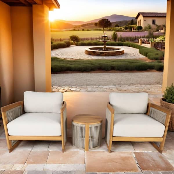 Numa Natural Acacia Wood Outdoor Club Chair Set with Olefin Beige Cushions and Side Table (3-Pack)