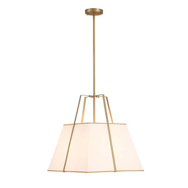 Haven 4-Light 18 in. W White Fabric and Brass Pendant Light with Trapezoid Shade for Dining Room and Living Room