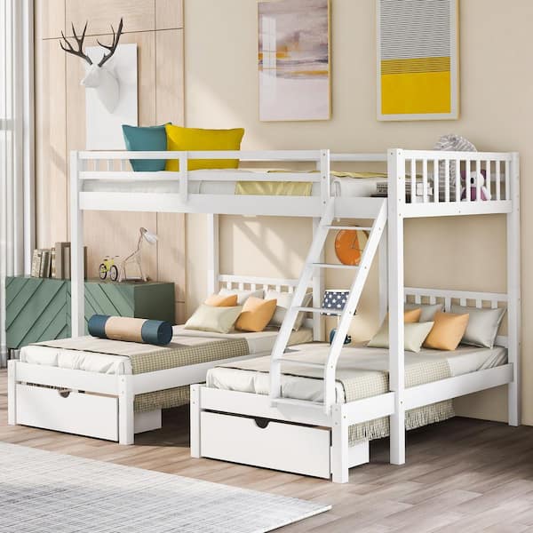 Harper & Bright Designs White Full Over Twin Wood Triple Bunk Bed with Drawers and Guardrail