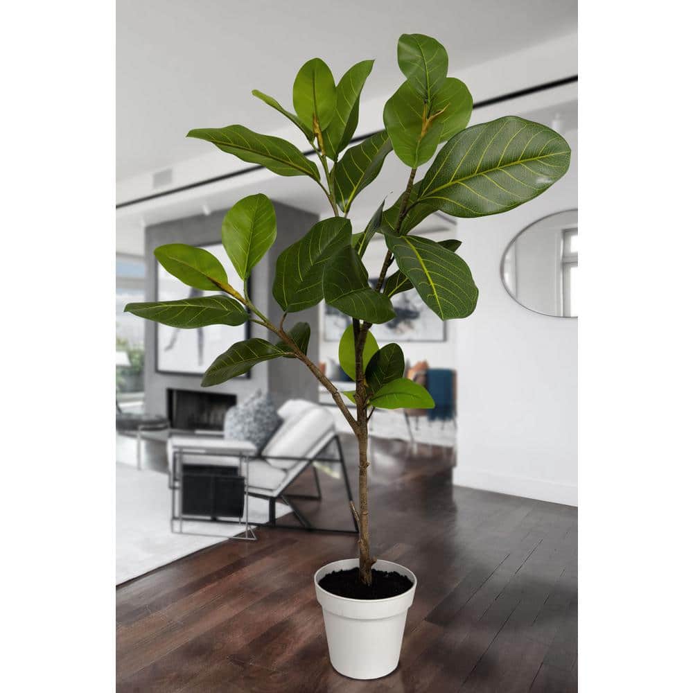 36" Potted Green Silk Ficus in White Plastic Pot