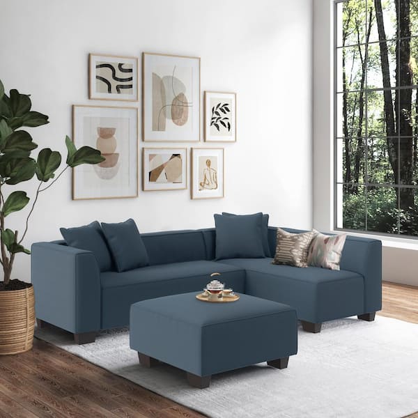 Handy Living Phoenix Sectional 4-Seater with - Caribbean Depot Sofa L-Shaped PHX-SEC-CNF55 Home The Right-Facing Polyester Blue Ottoman 3-Piece