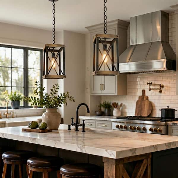 Farmhouse Black 1-Light 9.1 in. W Wood Cage Pendant Light Rustic Rectangle Kitchen Island Lantern Pendant Light