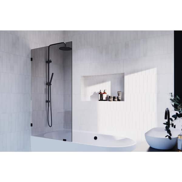 Glass Warehouse Ursa 34 in. W x 58.25 in. H Single Fixed Panel Frameless Bathtub Door in Matte Black with Bronze Tinted Glass