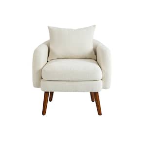Modern White Boucle Upholstered Wooden Frame Accent Arm Chair with Cushion and Pillow