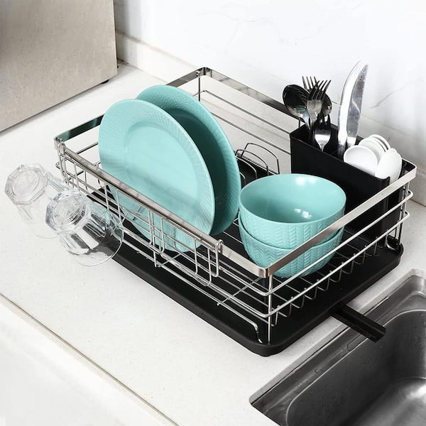 Costway Aluminum Expandable Dish Drying Rack w/ Drainboard & Rotatable  Drainage Spout 