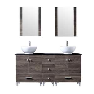 60 in. Brown Bathroom Vanity Double Glass Top White Ceramic Sink Large Bathroom Storage Cabinet with Mirror