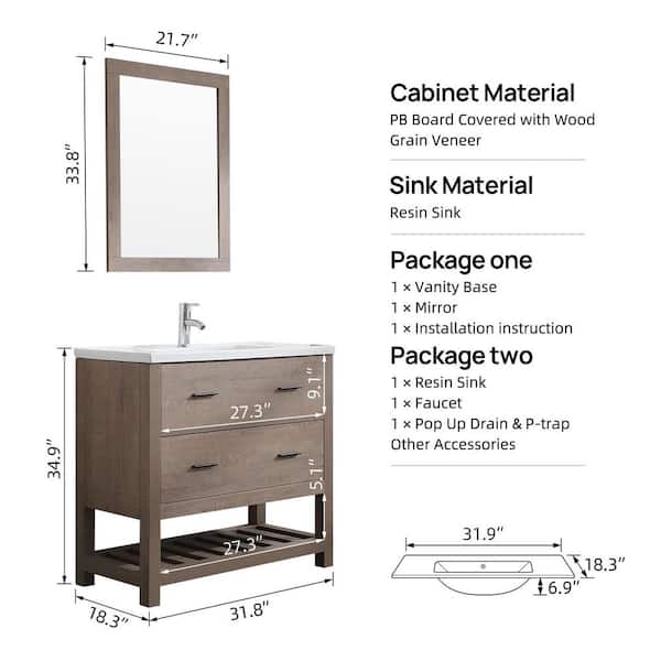 31.8 in. W x 18.3 in. D x 34.9 in. H Single Sink Bathroom Vanity in burlywood with Vanity Top and Mirror