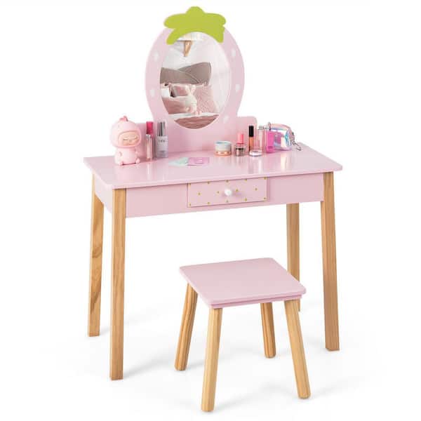 Costway Kid Vanity Table Stool Set with Mirror Wooden Legs Storage Drawer Pink