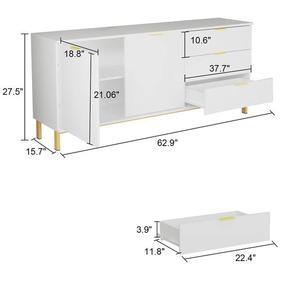 FUFU&GAGA 62.9 in. White Wood Storage Cabinet Kitchen Cabinet with 2-Doors,  3-Drawers and Shelf KF200156-02 - The Home Depot