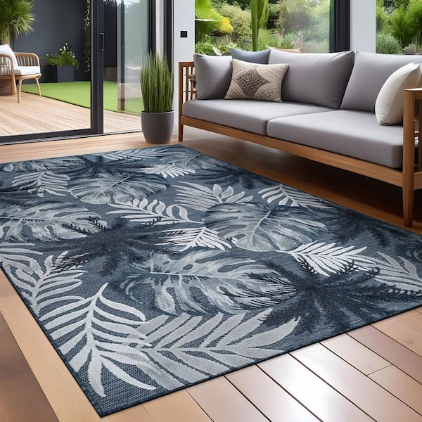 Jungle Navy 9 ft. x 12 ft. Washable Tropical Floral Indoor Outdoor