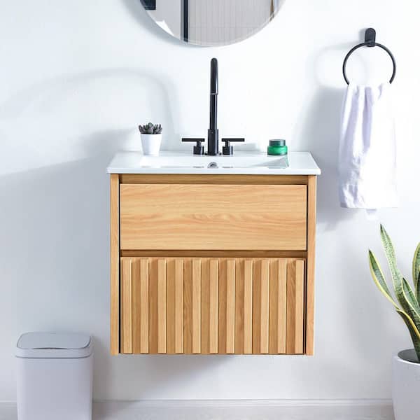 Sherwin 24 in. W x 18 in. x D x 20 in. H Slat Modern 2-Drawer Wall Mounted Bath Vanity Cabinet without Top in Oak