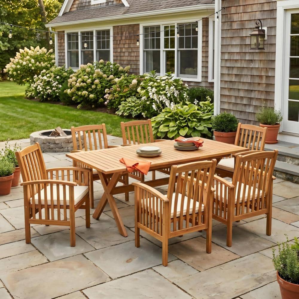 Teak 7-Piece Acacia Wood Outdoor Dining Set with Cream Cushions, 6 Chairs and 1 Large Expandable Table price history on PriceWatchPro
