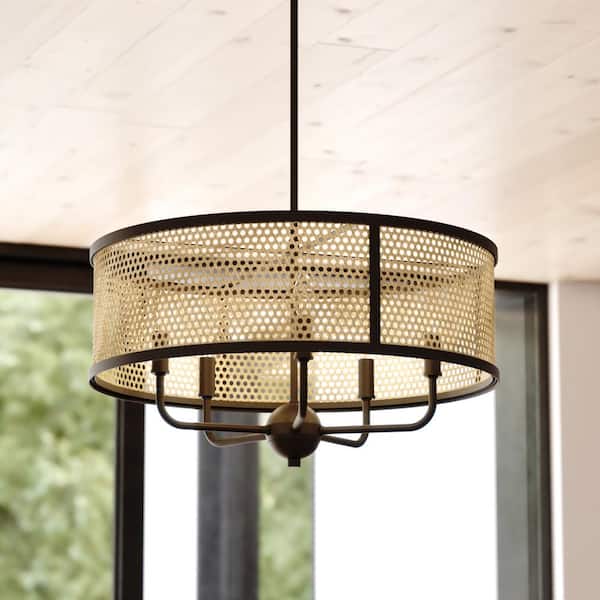 VAXCEL Berens 5-Light Matte Black Modern Farmhouse Drum Pendant Chandelier Fixture with Rattan Cane Shade
