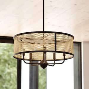 Berens 5-Light Matte Black Modern Farmhouse Drum Pendant Chandelier Fixture with Rattan Cane Shade