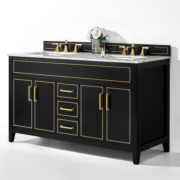 Aspen 60 in. W x 22 in. D Black Onyx Bath Vanity with Top in Carrara Marble with White Basin