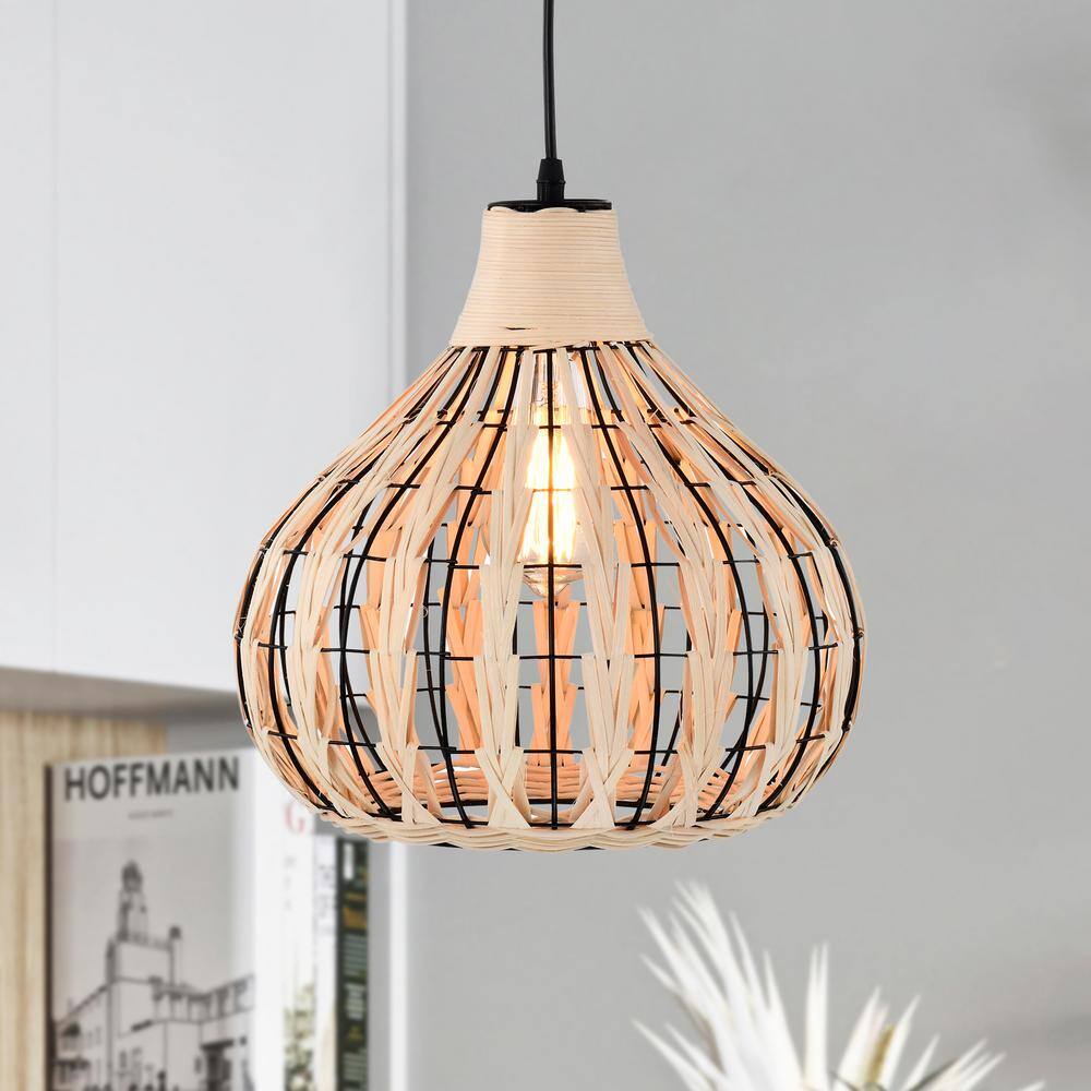 Warehouse of Tiffany Zilpah 12 in. 1-Light Indoor Matte Black and Woven Rattan Finish Pendant with Light Kit