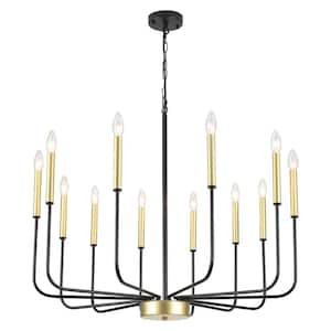 12-Light Black/Gold Classic Farmhouse Candle Style Chandelier for Dining Room Living Room with No Bulbs Included