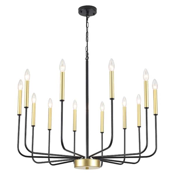 12-Light Black/Gold Classic Farmhouse Candle Style Chandelier for Dining Room Living Room with No Bulbs Included