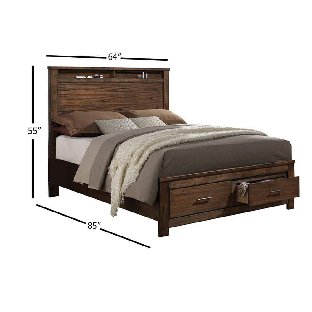 Oak Queen Bed with Storage and Upholstered Headboard