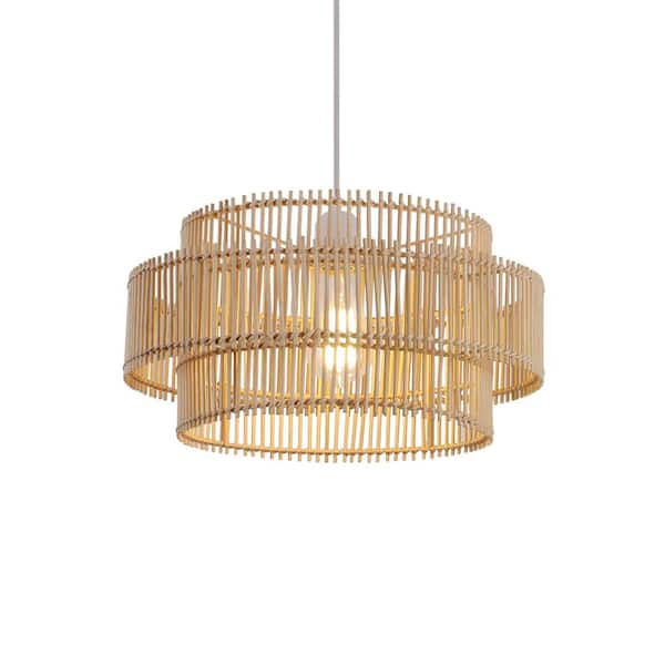 bessten Cinder 16 in. 2-Tiers 1-Light White Pendant Light with Natural Bamboo Round Shade and No Bulbs Included