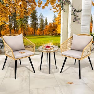 3-Piece Wicker Outdoor Bistro Set with Light Yellow Glass Table and Chair Seat Cushion