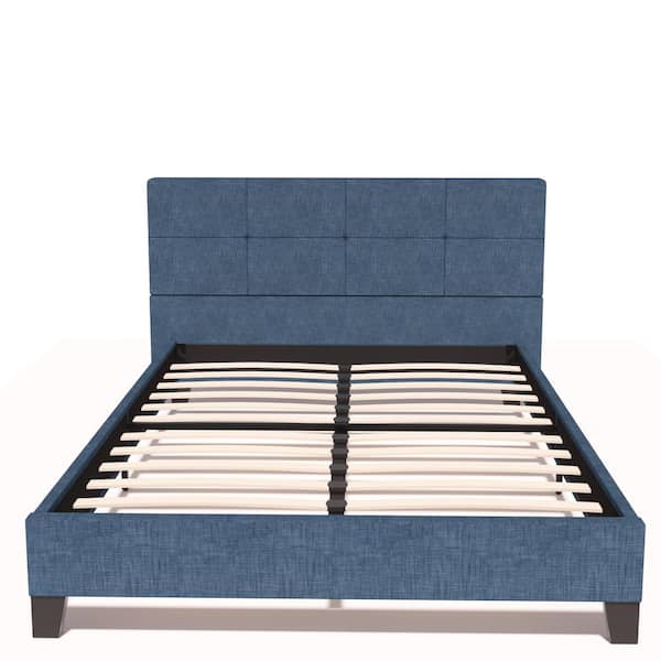 Unbranded Upholstered Linen Dark Blue Metal Frame Full Platform Bed with Tufted Square Stitched Headboard and Wood Slats