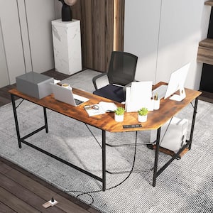 49.5 in. L-shaped Wood Rustic Brown Gaming Desk Computer Desk with CPU Stand Power Outlets