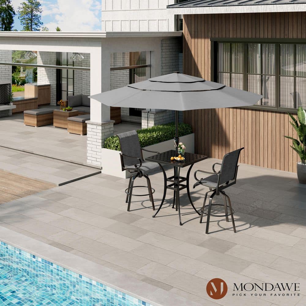 3-Piece Cast Aluminum Outdoor Patio Bar Set with Square Table w/ Umbrella Hole & Padded Swivel Bar Stools price history on PriceWatchPro