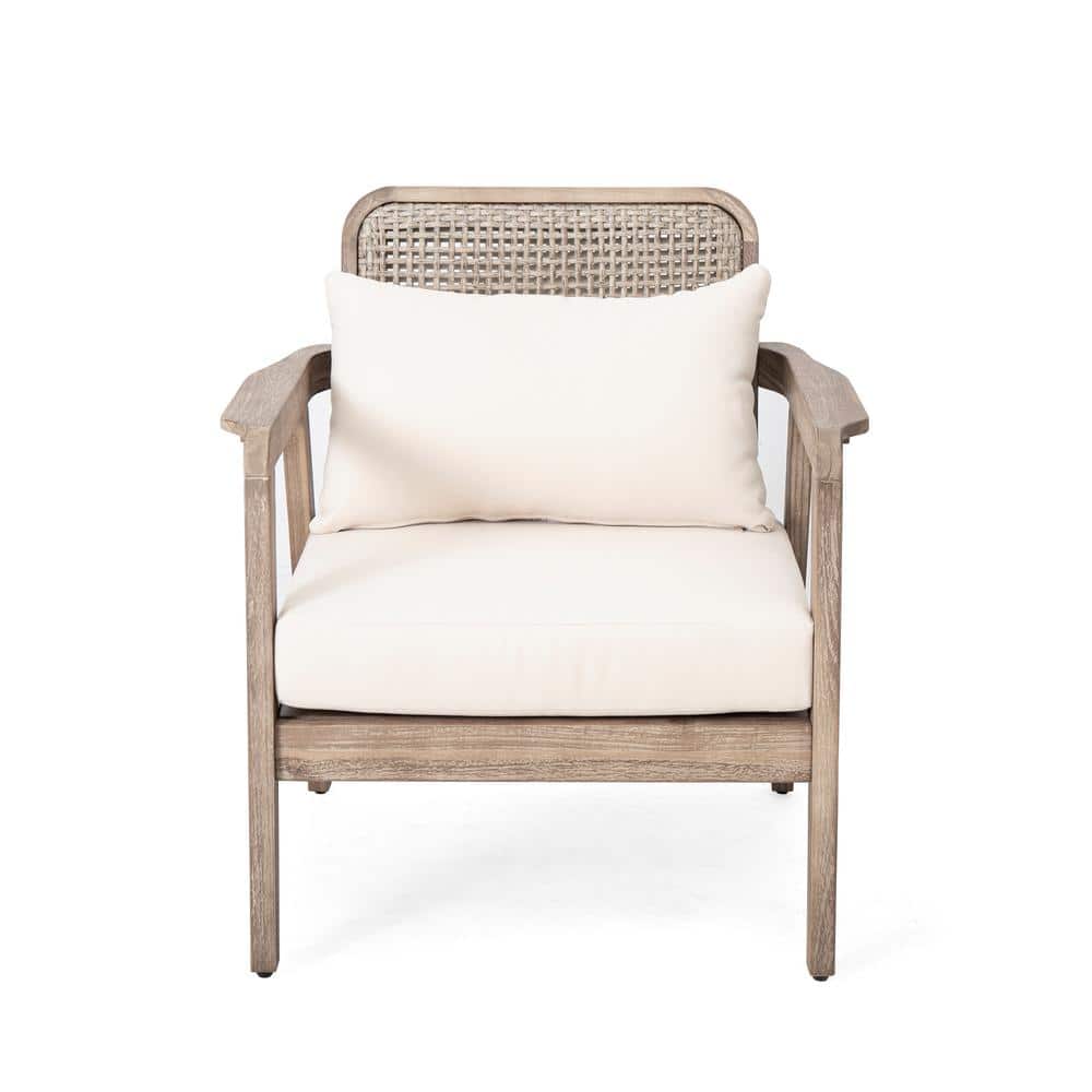 Acacia Wood Outdoor Chaise Lounge, Patio Club Chair with Cream Cushions, De