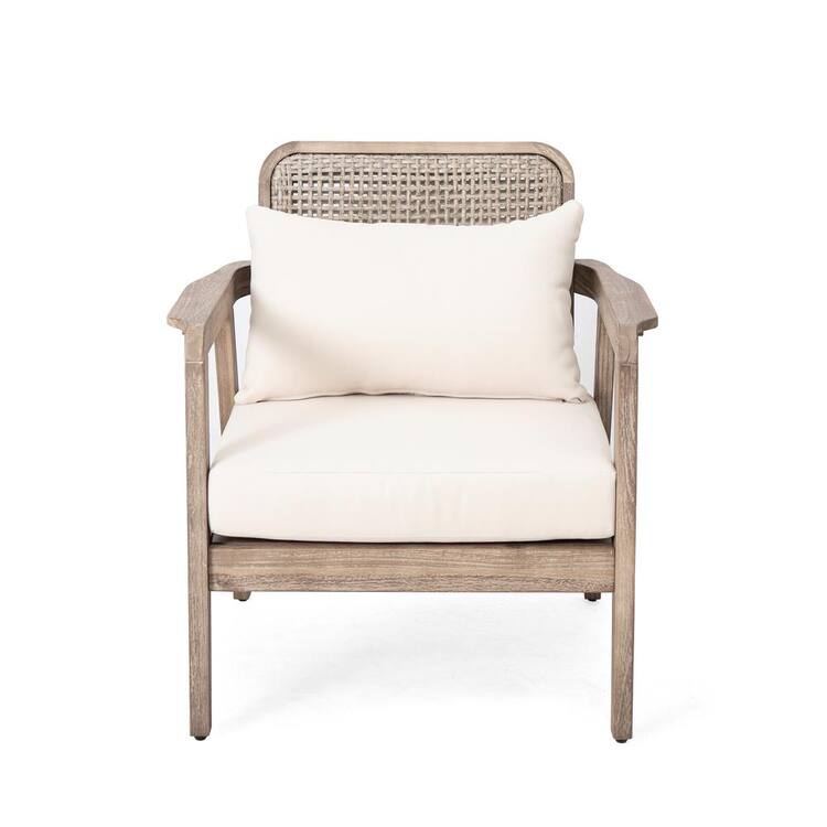 Acacia Wood Outdoor Chaise Lounge, Patio Club Chair with Cream Cushions, Deep Seating for Porch Garden Backyard