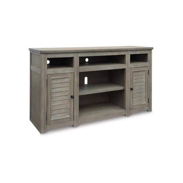 Benjara 72 in. Gray Wood TV Stand Fits TVs up to 78 in. with Louvered Door Panels