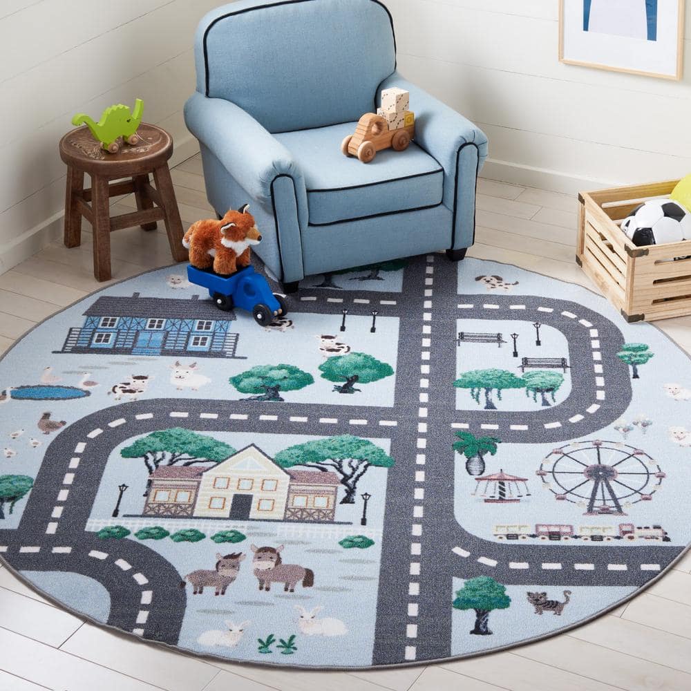 Kids Playhouse 3 ft. x 3 ft. Round Blue/Dark Gray Neighborhood Roads Area Rug price history on PriceWatchPro