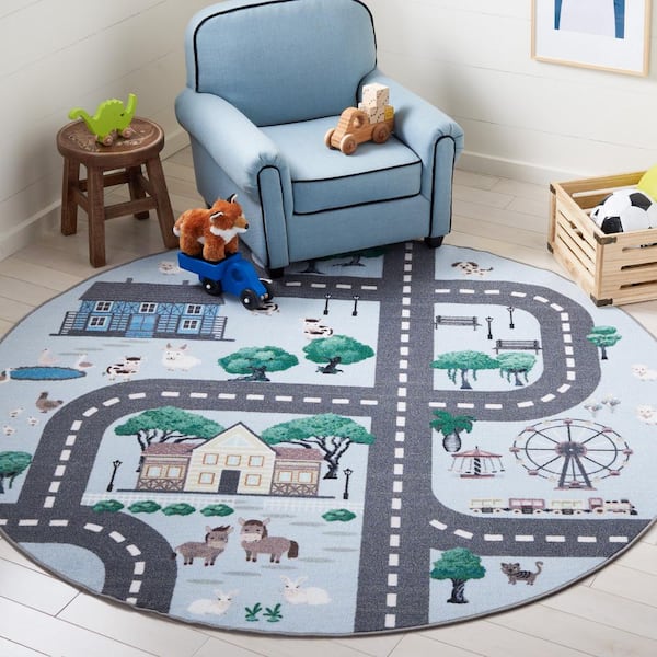 Kids Playhouse 3 ft. x 3 ft. Round Blue/Dark Gray Neighborhood Roads Area Rug