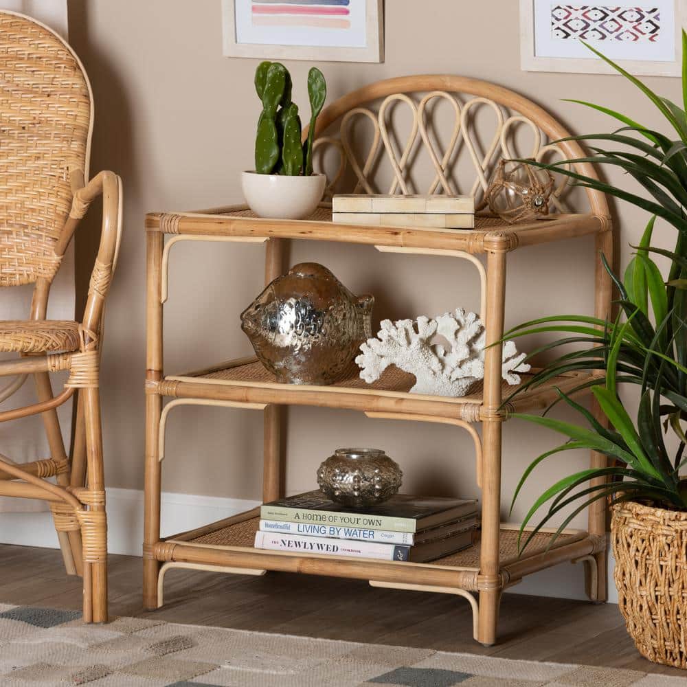 Natural Brown Rattan 3-Tier Bohemian Display Shelf
