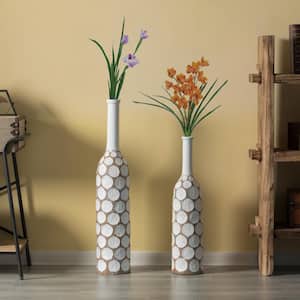 Decorative Contemporary Floor Vase White Carved Divot Bubble Design with Tall Neck (Set of 2)
