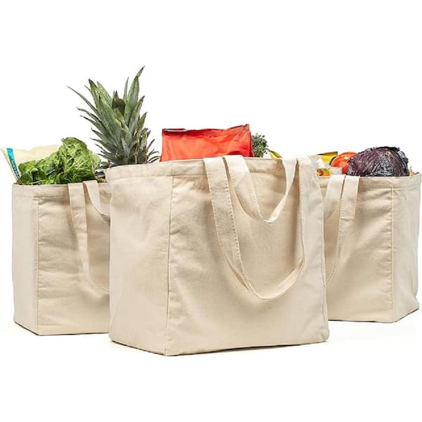 Adrinfly Beige Canvas Reusable Grocery Bag with Real Pockets, Long