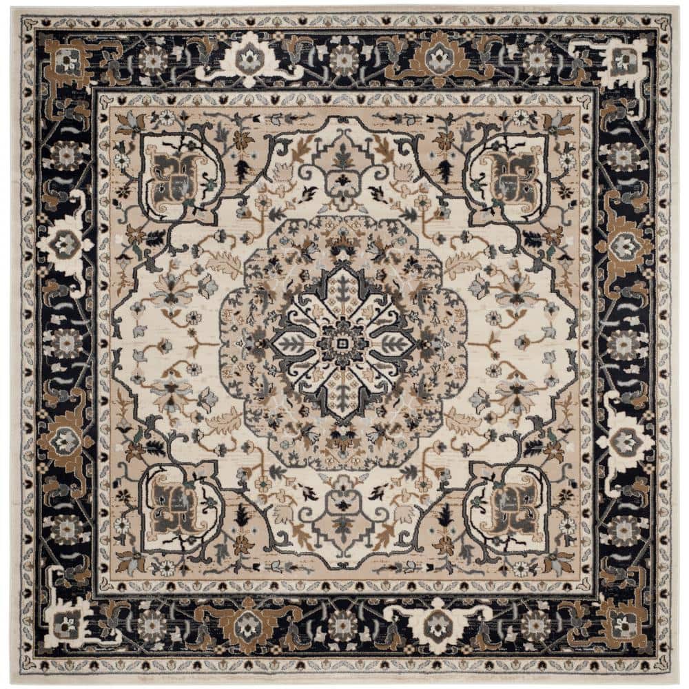 Safavid Style Cream and Navy Synthetic Square Area Rug