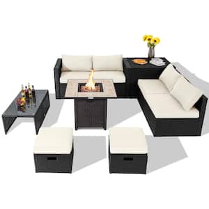 9-Piece Wicker Patio Conversation Set Rattan Sofa with Storage Box and Gas Fire Pit Table and White Cushions